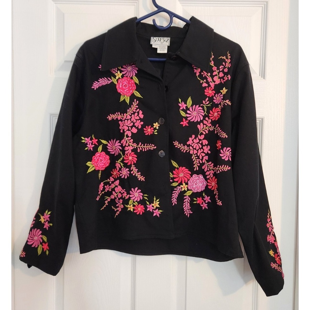 Surya Women's Black Embroidered Beaded Floral Jacket Sz Large NWOT